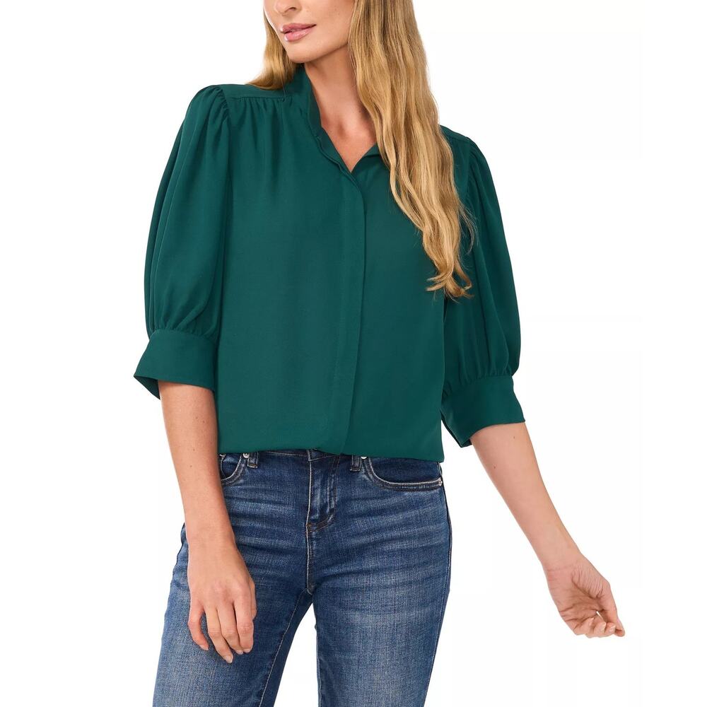 CeCe Women's Size S 3/4-Sleeve Collared Button-Down Top